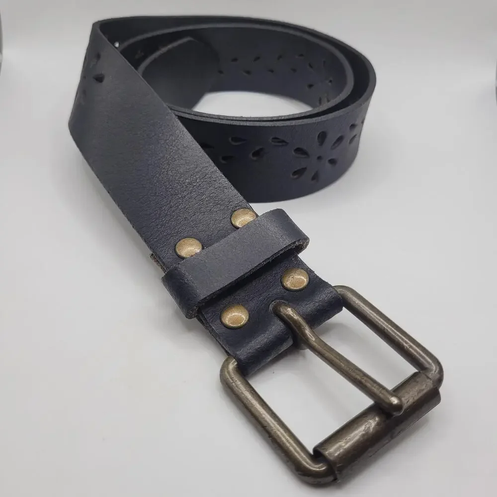 Black Leather Belt Small Floral Laser‎ Cutout Western Cowgirl Boho Indie USA